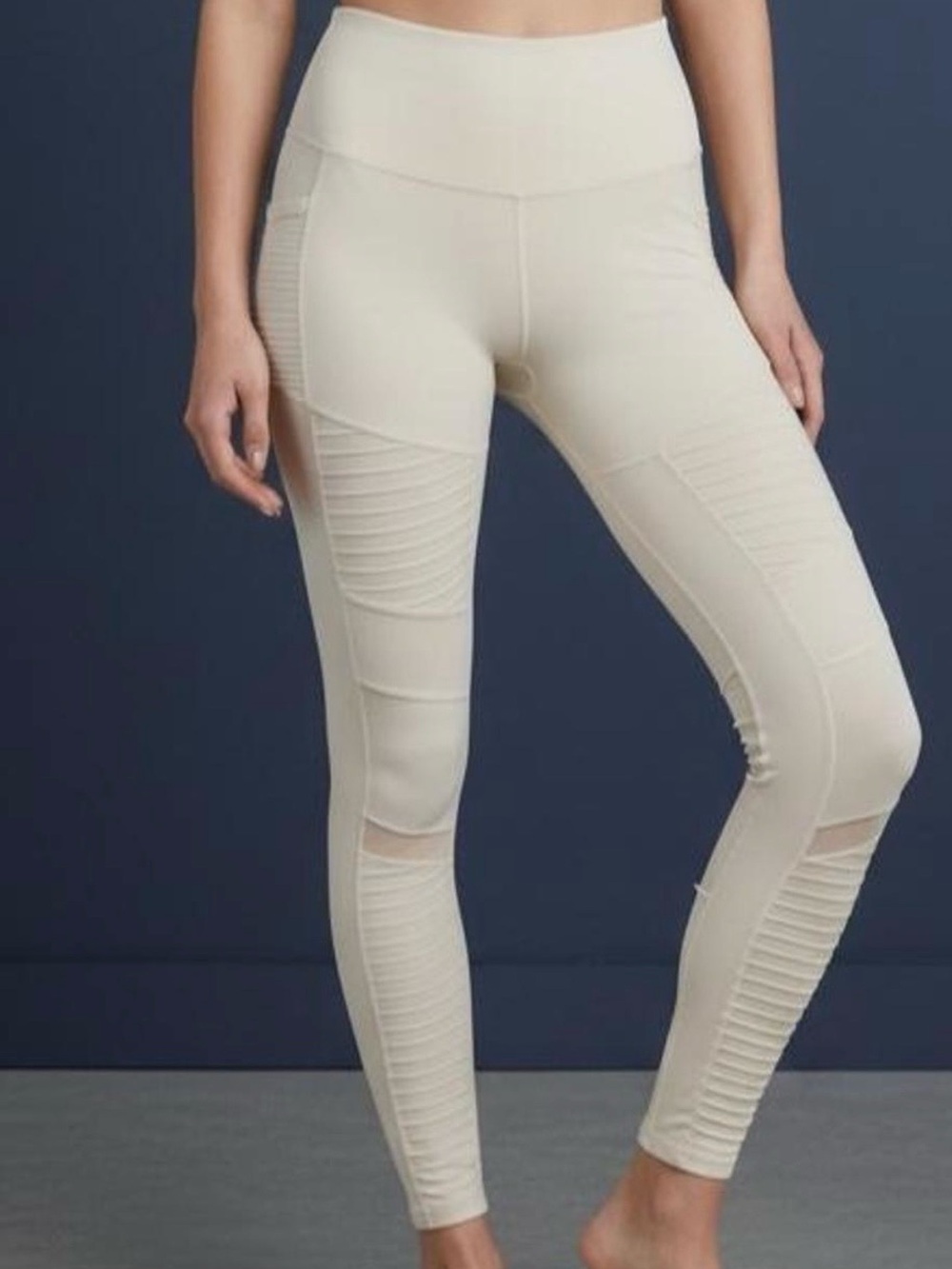 ALO Yoga Cream Ribbed Moto-Detail High-Waist Leggings